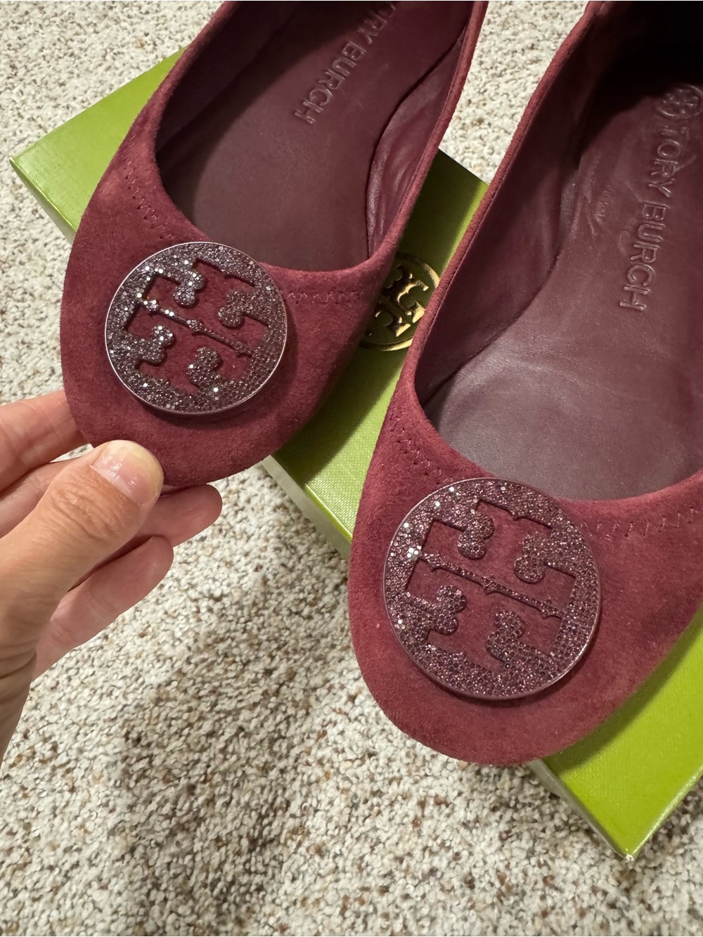 Tory Burch Wine Burgundy Suede Glitter Logo Ballet Flats